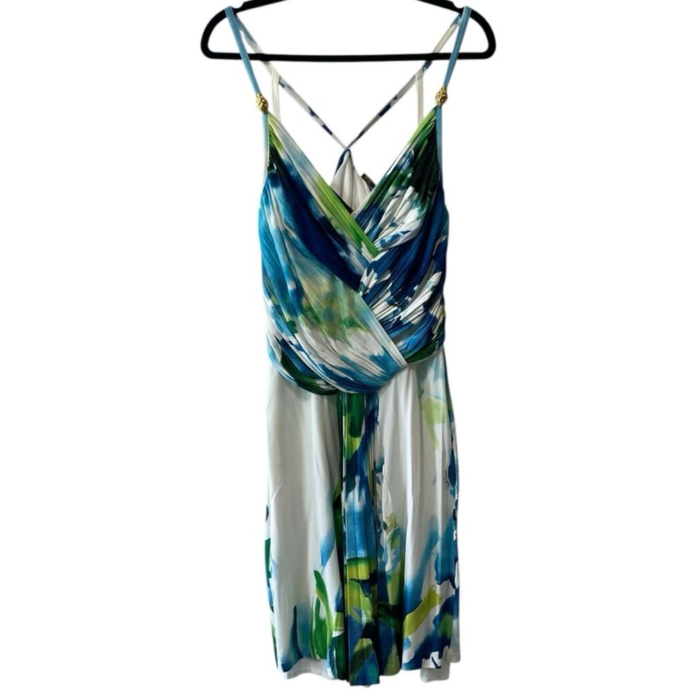 Roberto Cavalli V Neck Front Pleat Gold Detail Strappy Floral Dress Size 44/8 - Picture 12 of 12